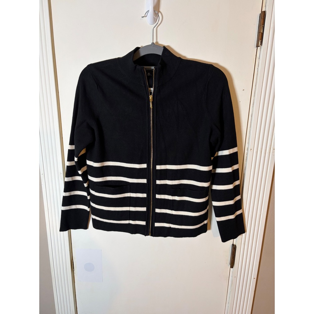 Calligraphie Women Black White Striped Full Zip Cardigan Sweater Petite Small PS